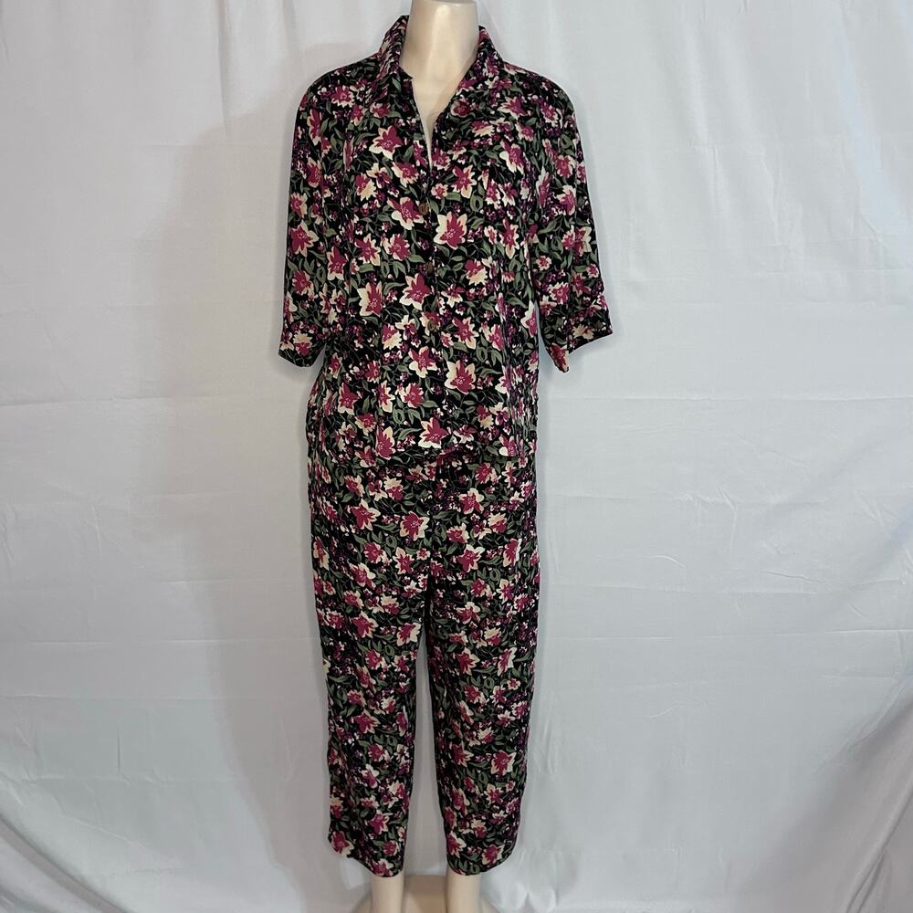 Vintage Floral Bobbie Brooks Two Piece Set Button-Front Top & Pants XL Vacation